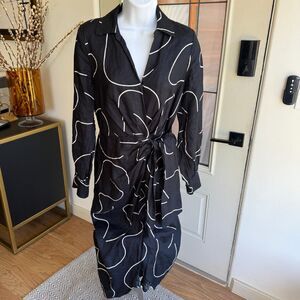 Magaschoni 100% Linen Black and White Abstract Long Sleeve Dress 4